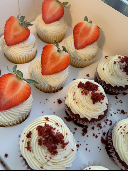 Close-up of chocolate cupcakes with hazelnut topping on a wooden board.